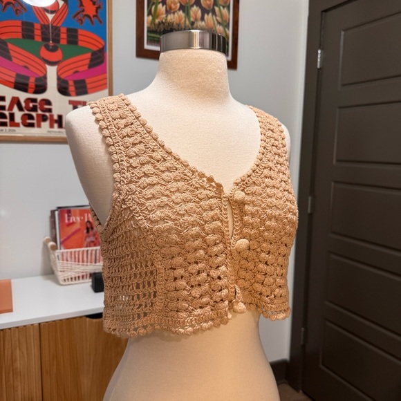 fab'rik Tops - Fab’rik Tan Crochet Vest Top Beige Small